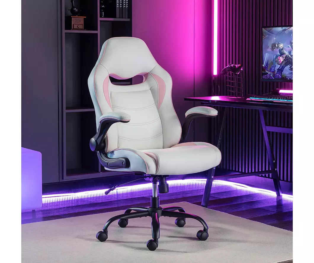 White & Pink Faux Leather Gaming Chair